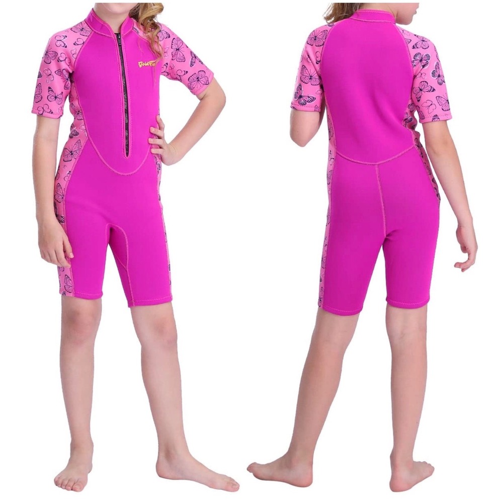 Goldfin Wetsuit Kids Size 4 Pink  2mm Neoprene7 Butterfly Shorty Zip Front